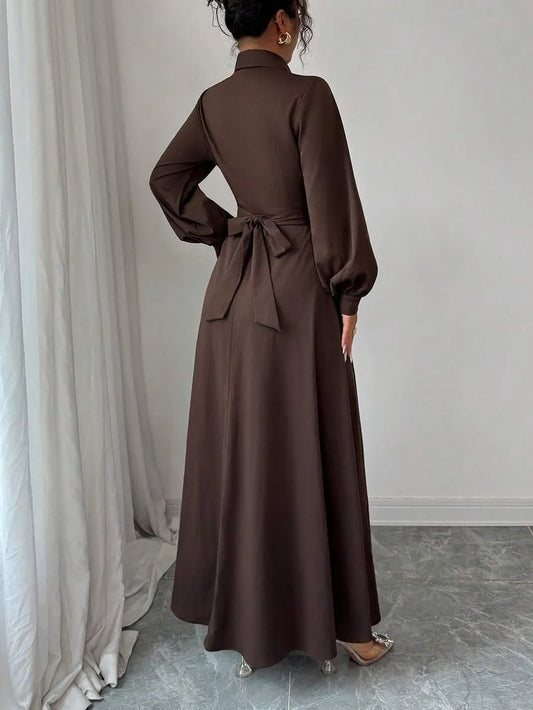 SHEIN LUNNELUX  A-Line فستان طويل بتصميم مطوي وأزرار بلون بني