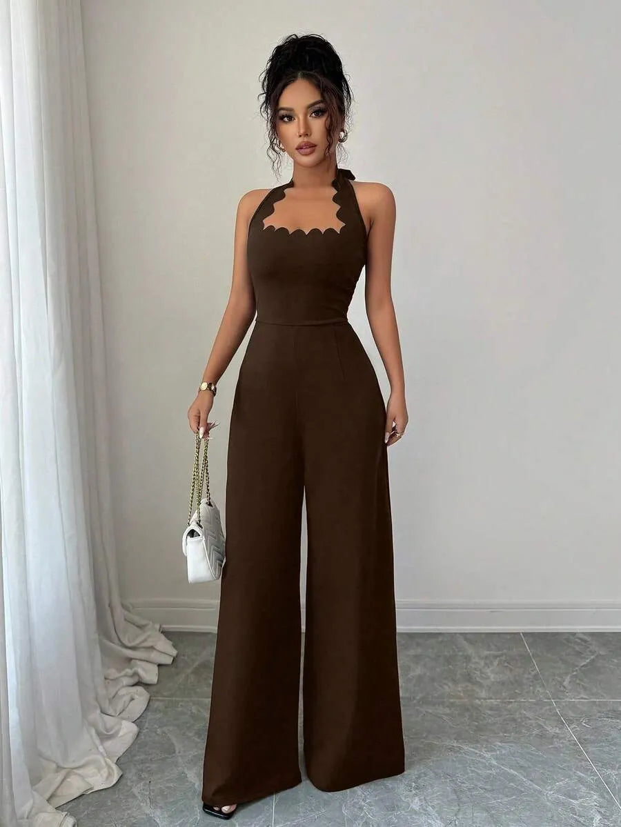 SHEIN Selianne جمبسوت بني أنيق برقبة هولتر وأطراف مموجة من