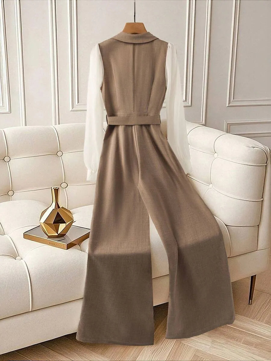 SHEIN GlowEve جمبسوت نسائي بخصر عالٍ وحزام وياقة وساق واسعة متعدد الألوان