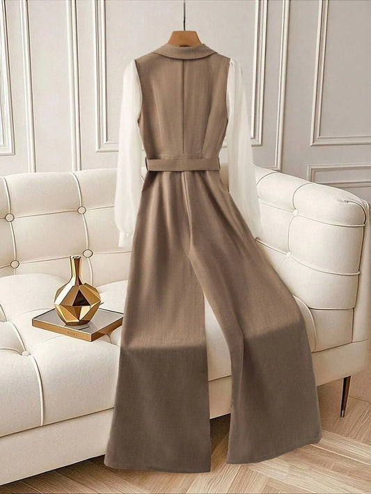 SHEIN GlowEve جمبسوت نسائي بخصر عالٍ وحزام وياقة وساق واسعة متعدد الألوان