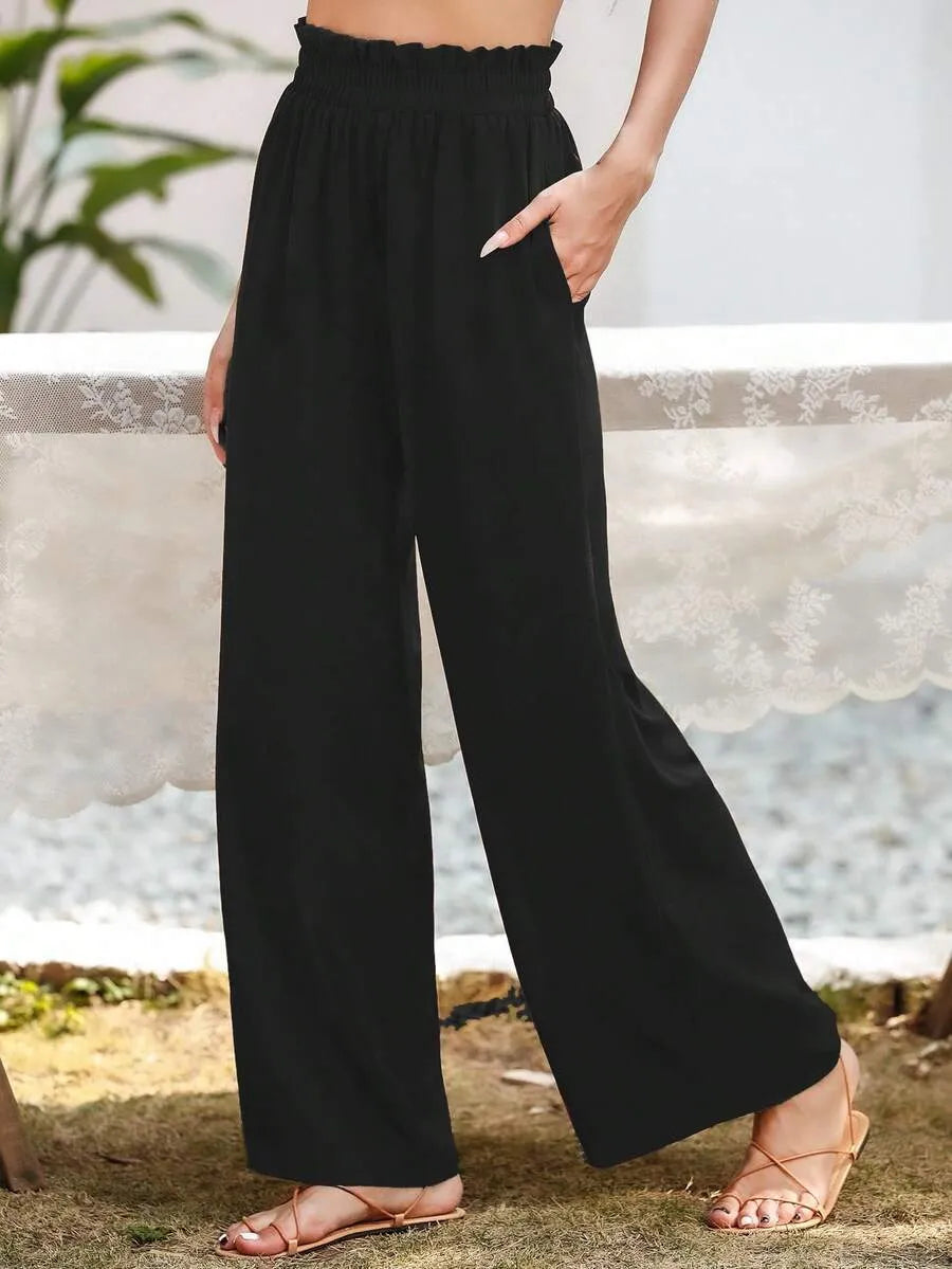 SHEIN بنطلون نسائي واسع الساق بخصر مرن