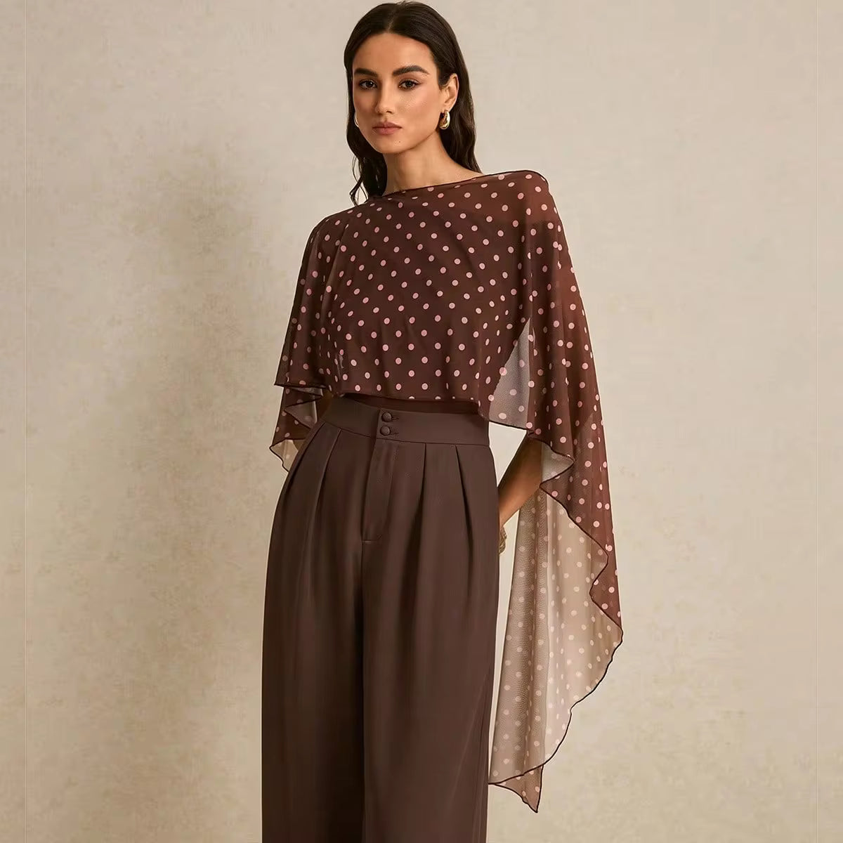 SHEIN Poéselle بنطال نسائي واسع عالي الخصر مطوي بلون بني قهوة