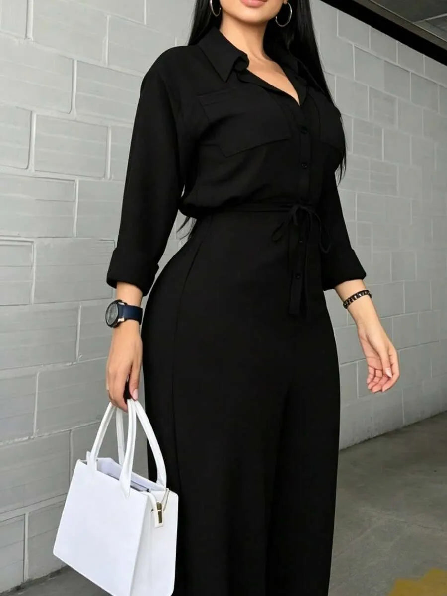 SHEIN جمبسوت أسود بياقة قميص وحزام ربط