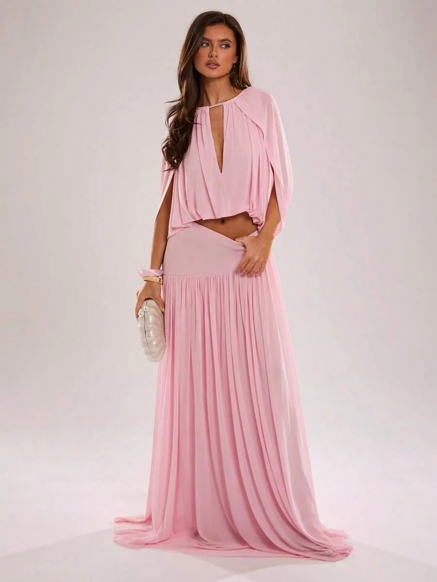 SHEIN BAE تنورة ماكسي وردية بتصميم مجمع وانسيابي للربيع والصيف