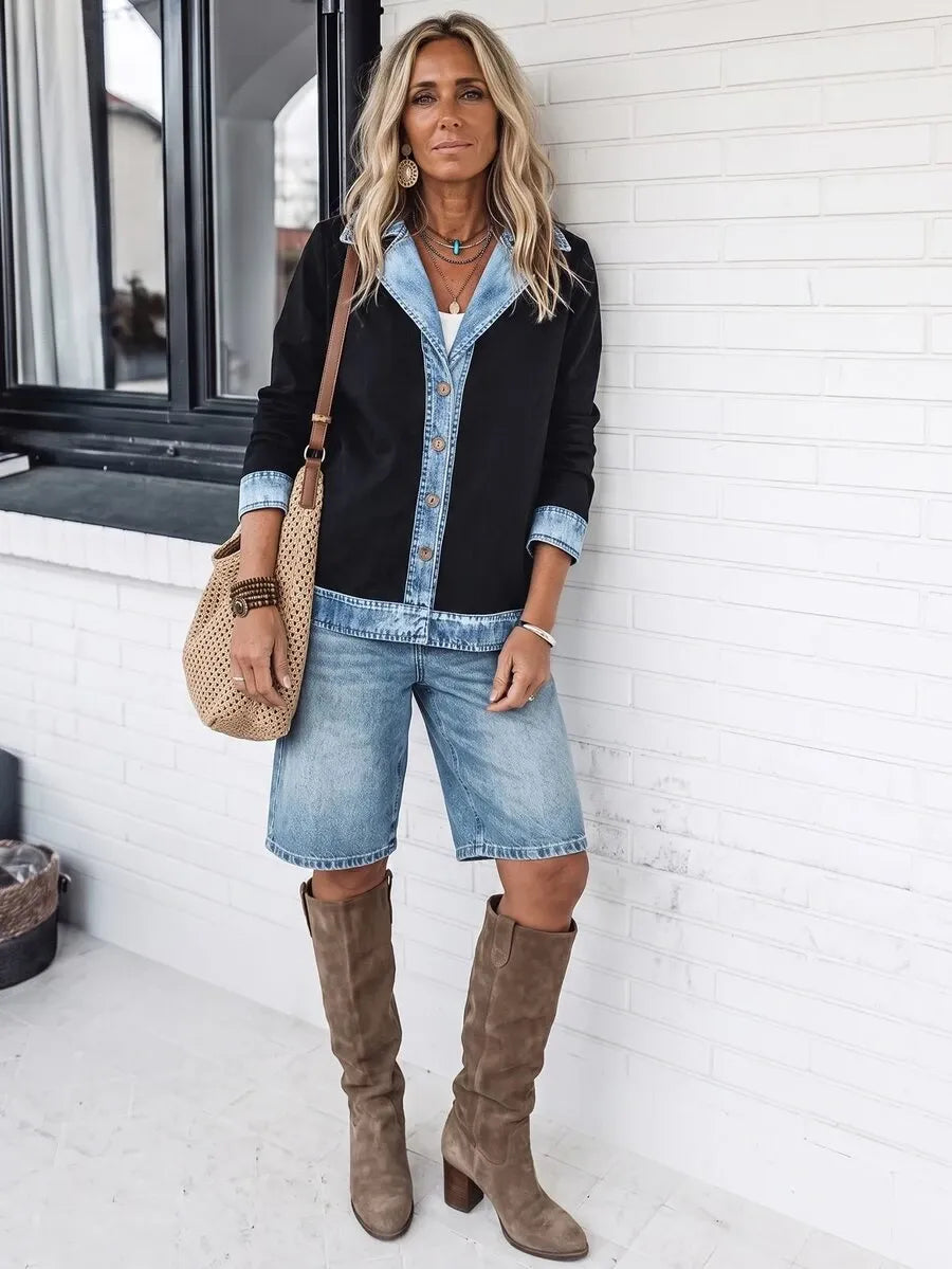SHEIN LanaWest جاكيت دنيم أسود نسائي بطراز ريترو بياقة قميص