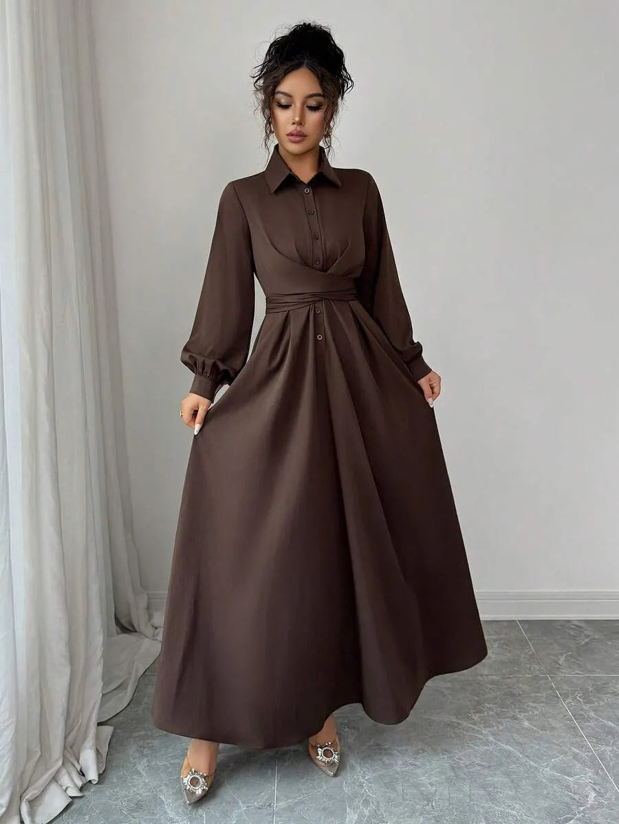 SHEIN LUNNELUX  A-Line فستان طويل بتصميم مطوي وأزرار بلون بني