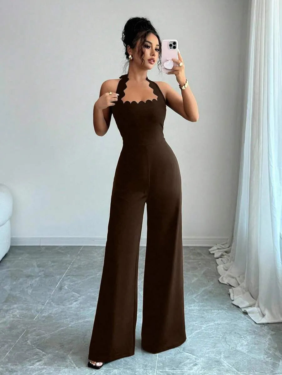 SHEIN Selianne جمبسوت بني أنيق برقبة هولتر وأطراف مموجة من