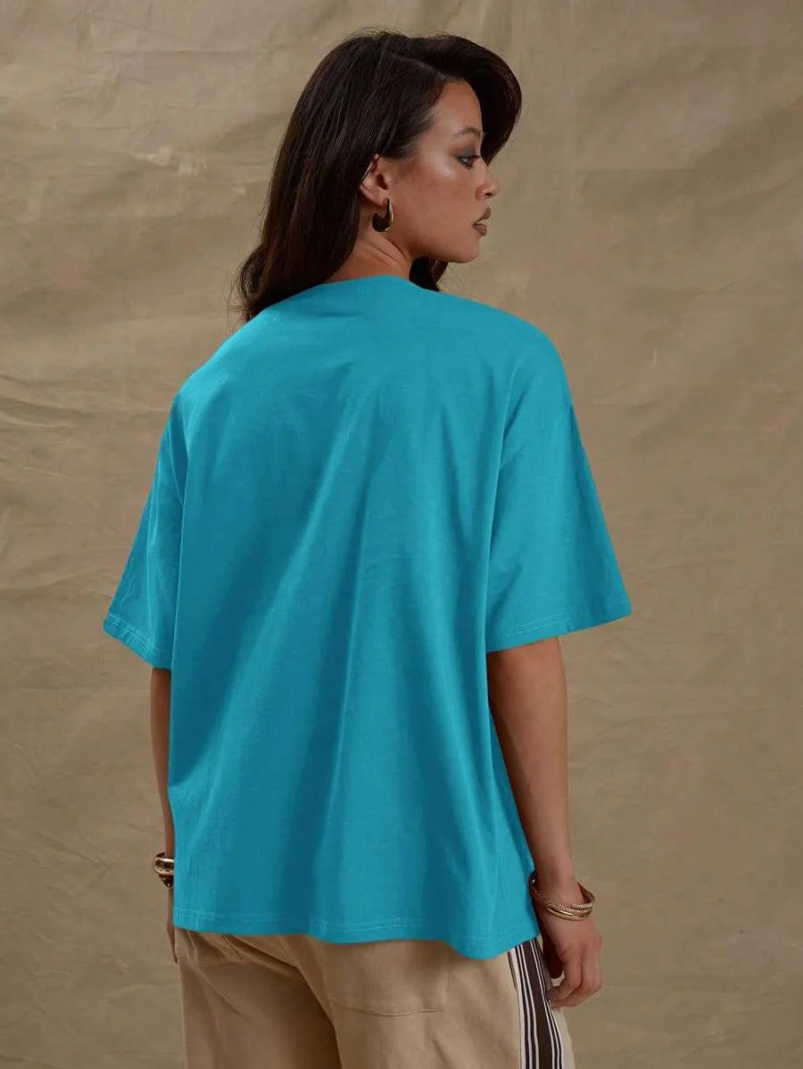 SHEIN MUSERA تي شيرت نسائي أوفر سايز بياقة دائرية وأكمام قصيرة بلون أخضر نعناع
