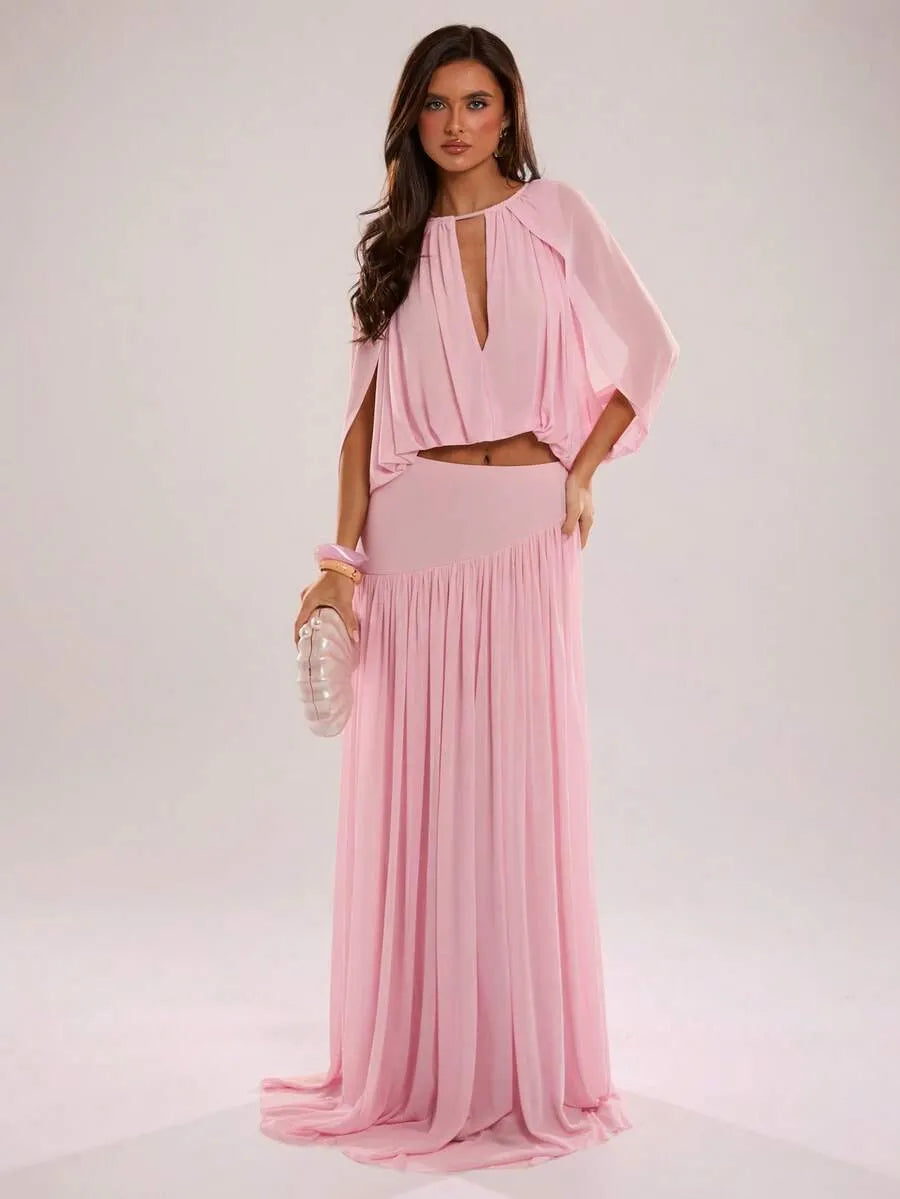 SHEIN BAE تنورة ماكسي وردية بتصميم مجمع وانسيابي للربيع والصيف