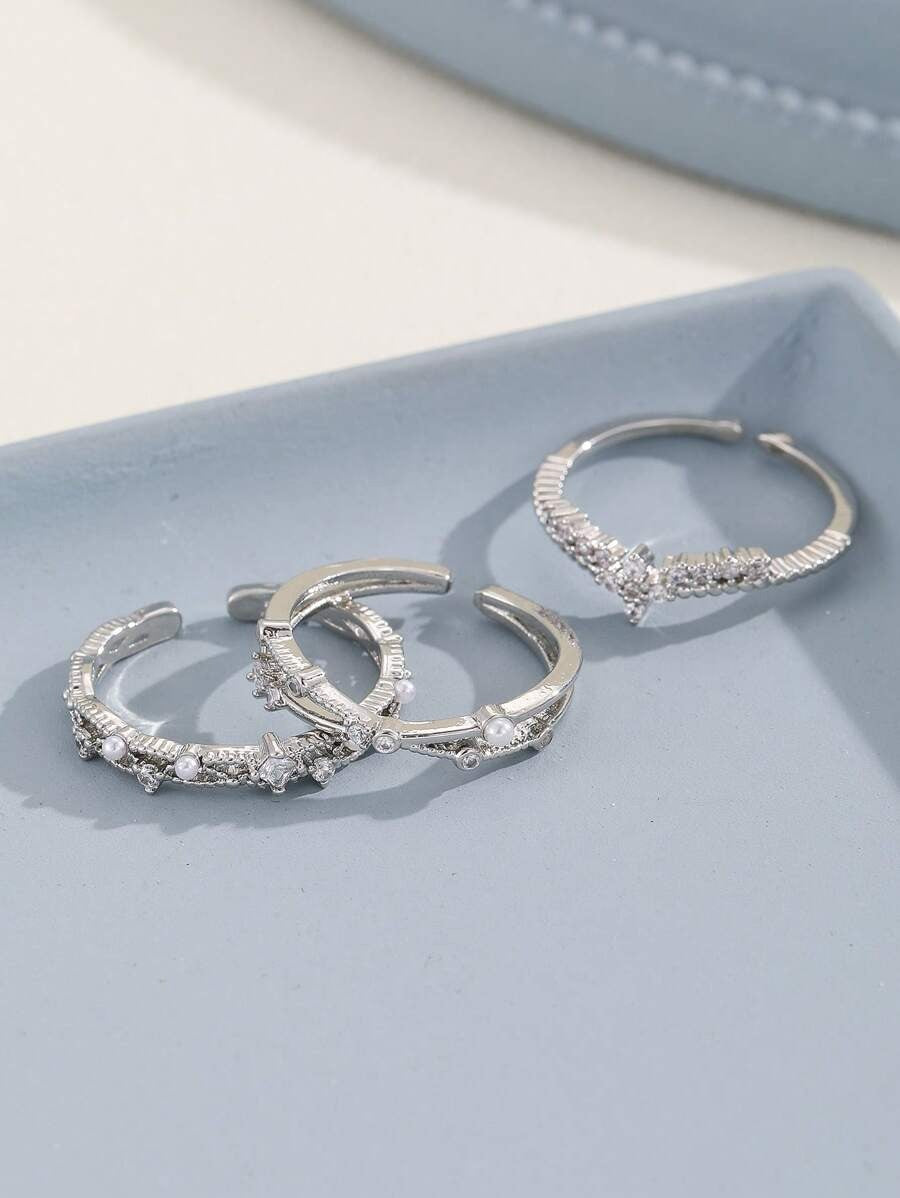 SHEIN طقم 3 خواتم فضية مزينة بحجر الراين اللامع