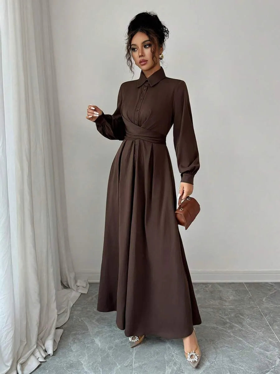 SHEIN LUNNELUX  A-Line فستان طويل بتصميم مطوي وأزرار بلون بني