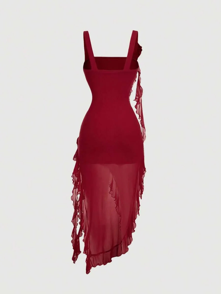 SHEIN MOD فستان نسائي طويل ضيق بتصميم زهري ثلاثي الأبعاد وحافة غير متماثلة بلون عنابي