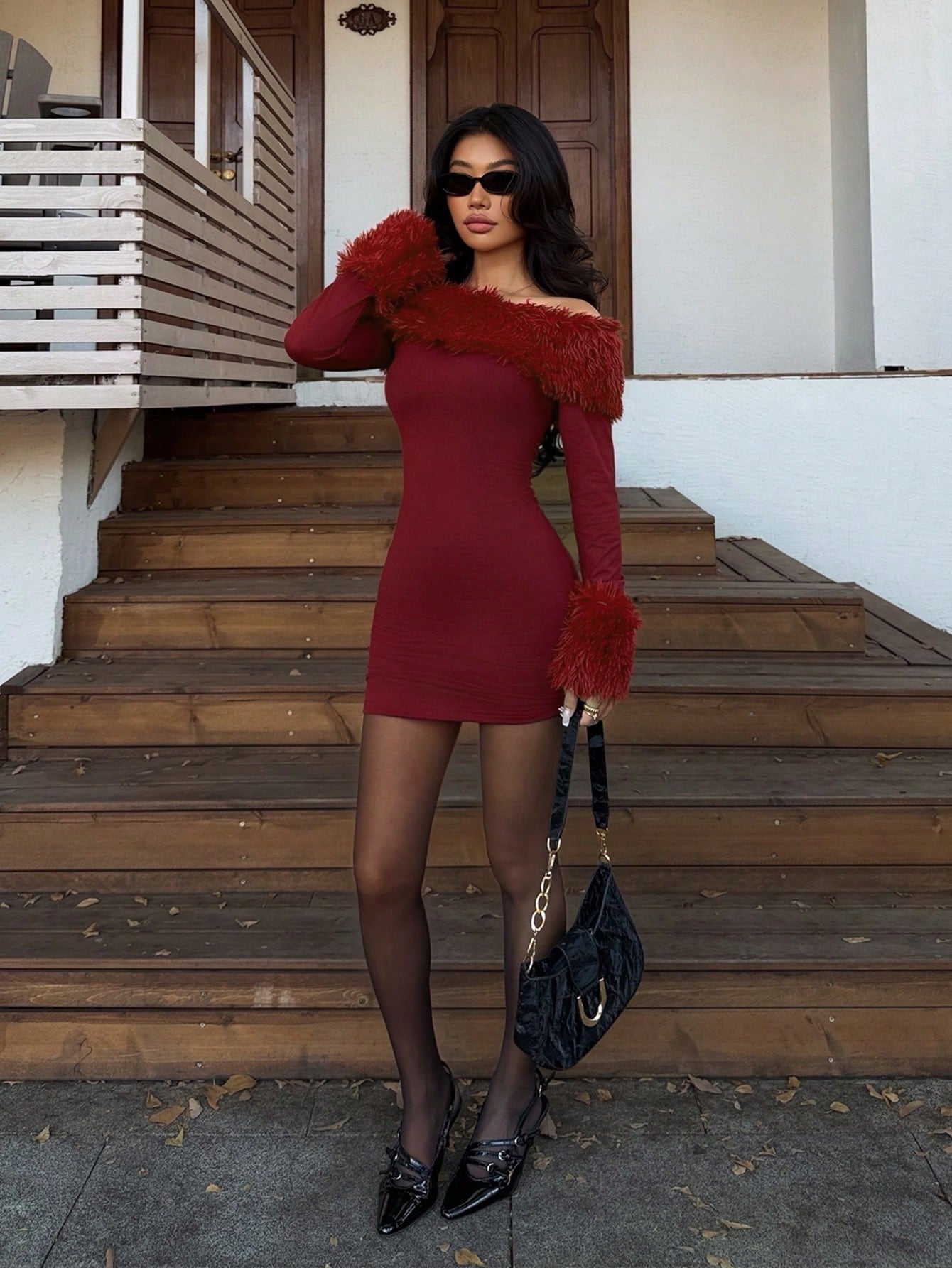 SHEIN Sweetra فستان ميني ضيق بأوف شولدر وتريم فرو