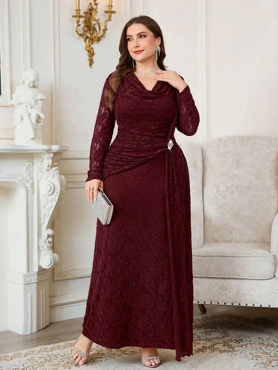 SHEIN Reflora فستان دانتيل طويل بياقة دائرية ورباط خلفي وكسرات بلون الأحمر