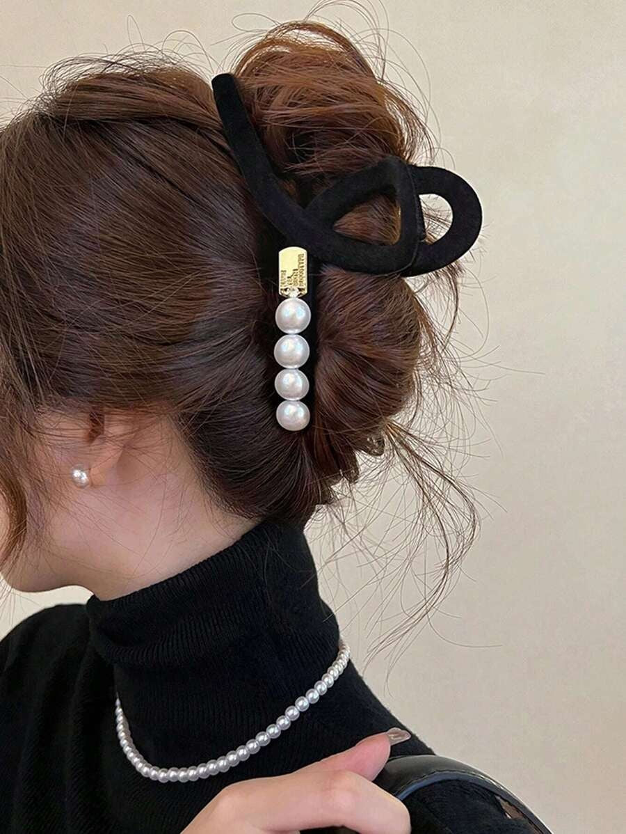 SHEIN مشبك شعر كبير مطفي بخرز لؤلؤي