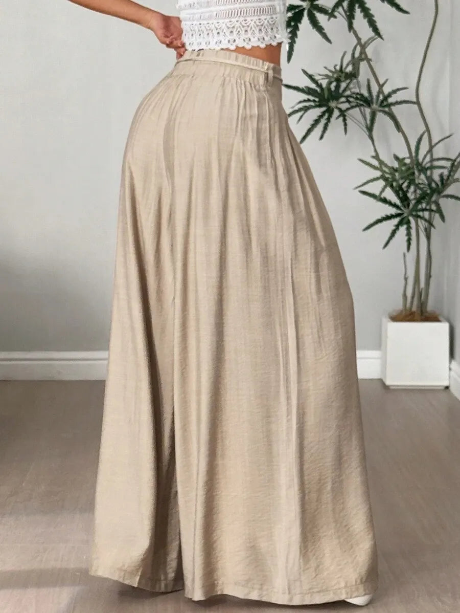 SHEIN Flirla بنطال نسائي واسع بلون كاكي بشراريب