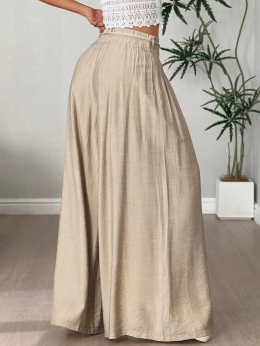 SHEIN Flirla بنطال نسائي واسع بلون كاكي بشراريب