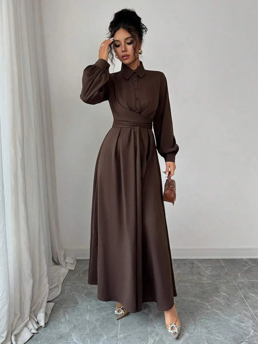 SHEIN LUNNELUX  A-Line فستان طويل بتصميم مطوي وأزرار بلون بني