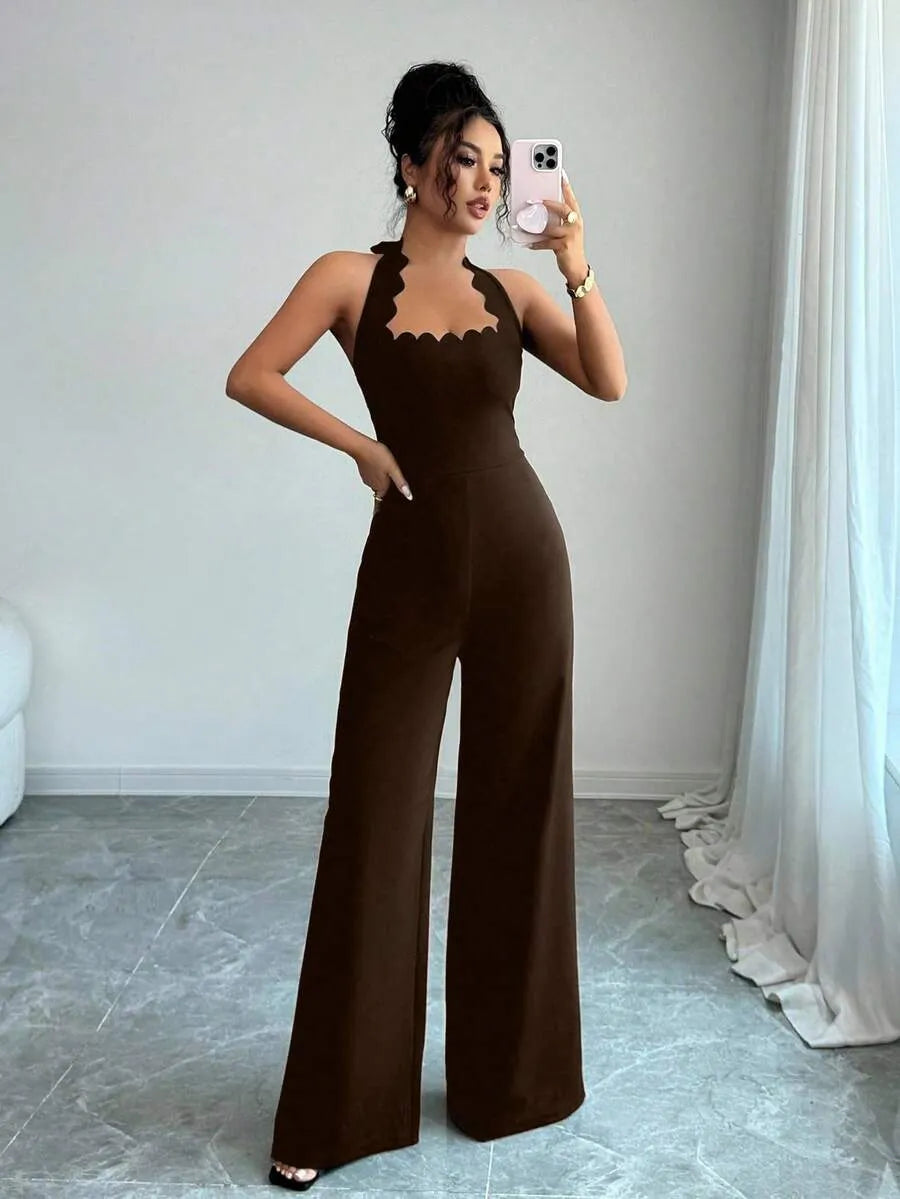 SHEIN Selianne جمبسوت بني أنيق برقبة هولتر وأطراف مموجة من