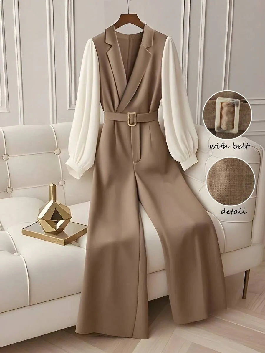 SHEIN GlowEve جمبسوت نسائي بخصر عالٍ وحزام وياقة وساق واسعة متعدد الألوان