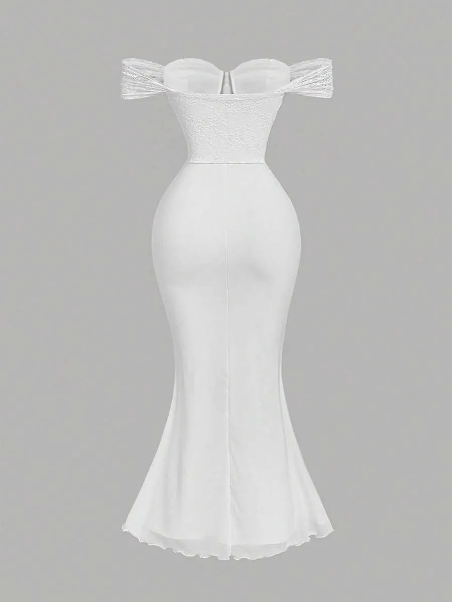 SHEIN MOD فستان نسائي طويل أنيق بتفاصيل دانتيل وكتف مكشوف بلون أبيض