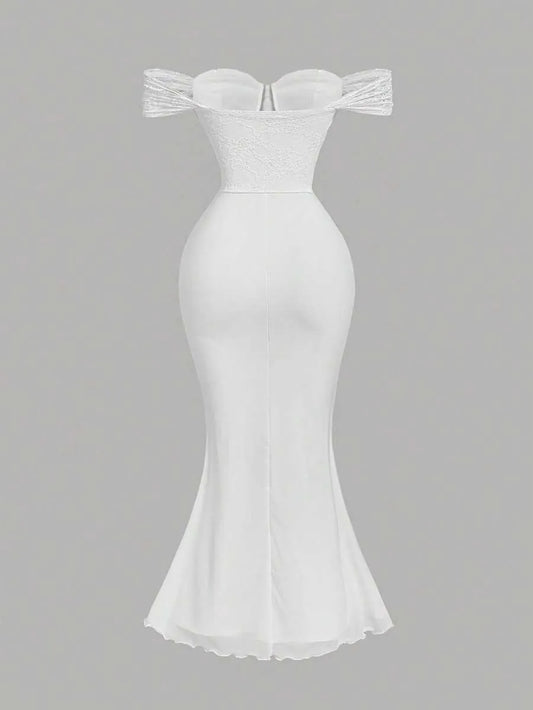 SHEIN MOD فستان نسائي طويل أنيق بتفاصيل دانتيل وكتف مكشوف بلون أبيض