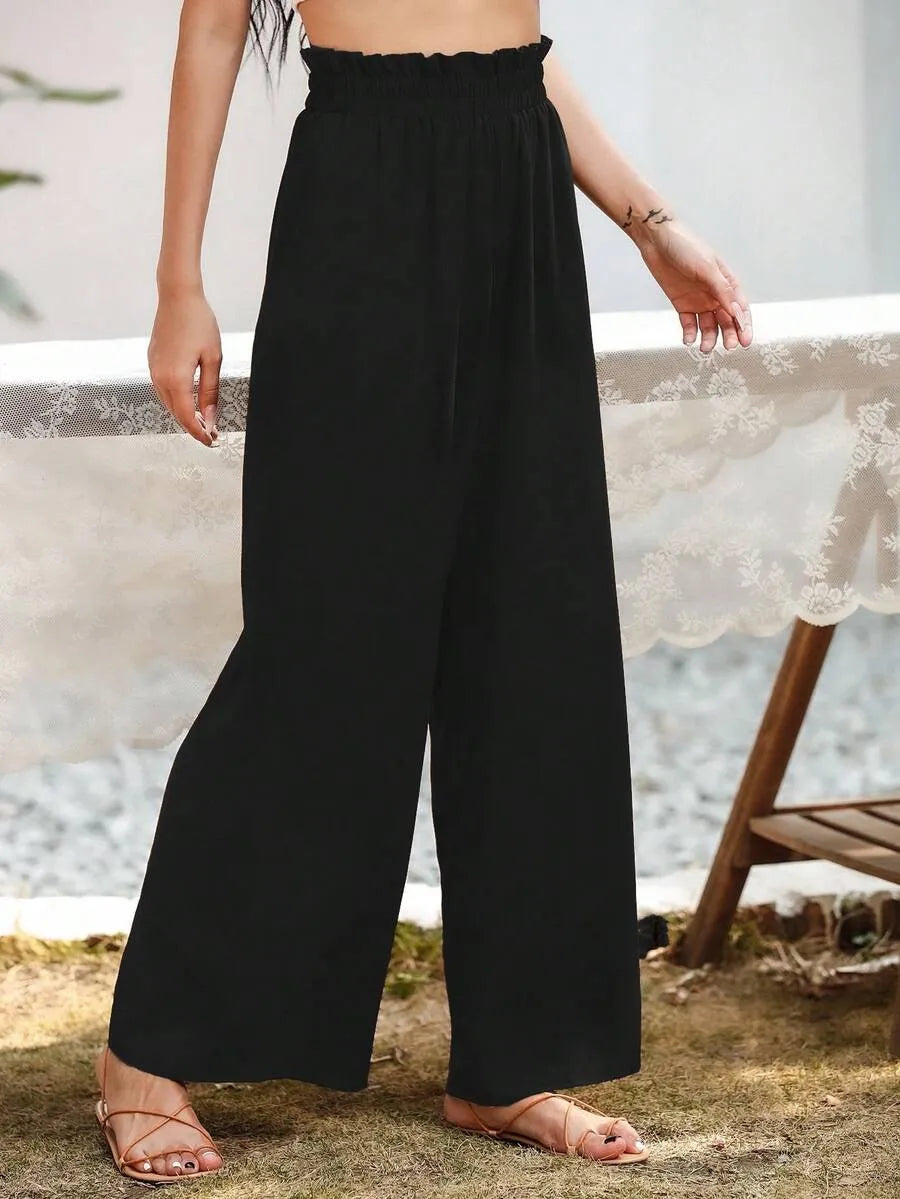 SHEIN بنطلون نسائي واسع الساق بخصر مرن