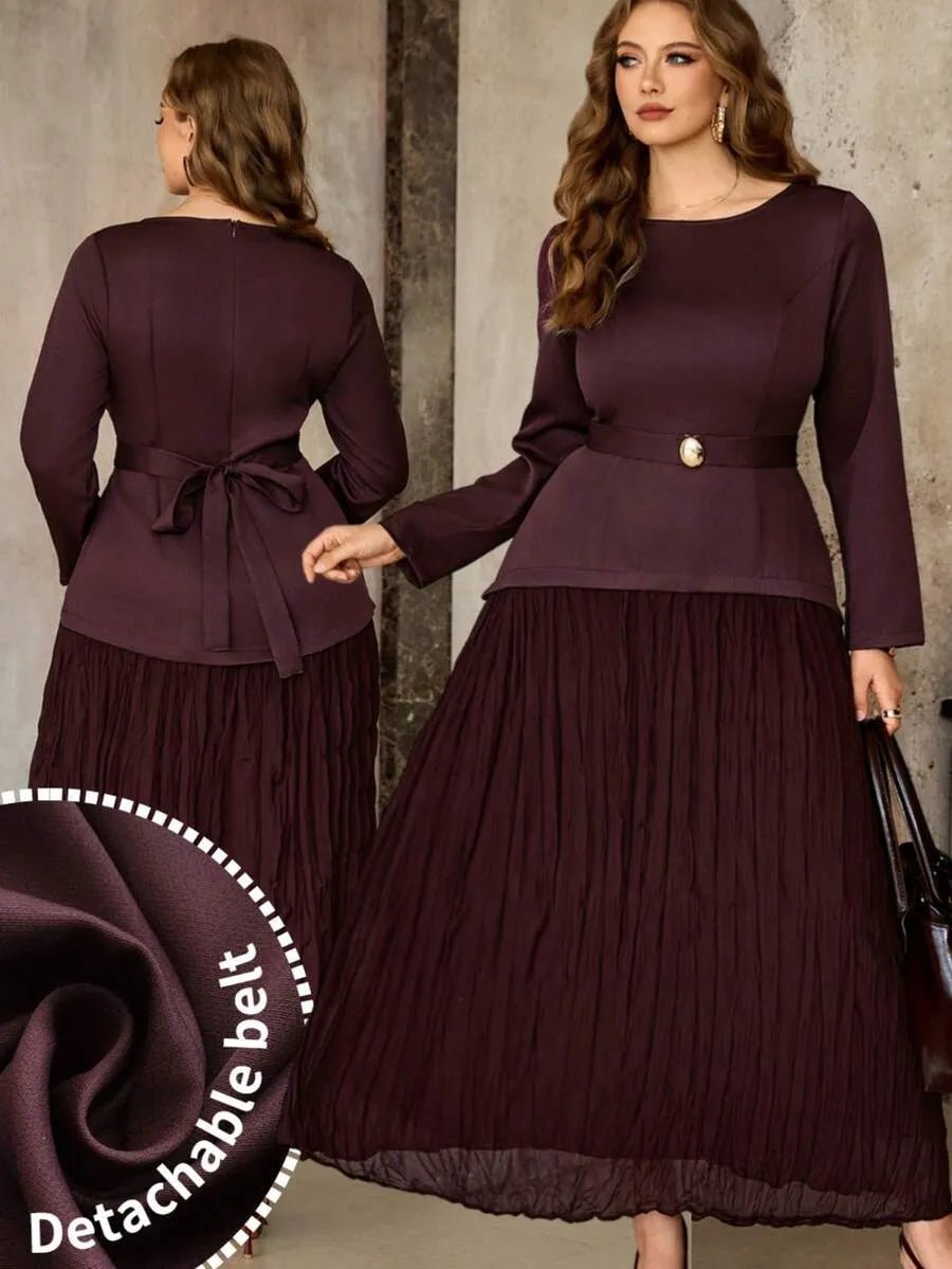 SHEIN Roveilla فستان نسائي طويل بأكمام طويلة وخصر مطوي مع حزام بلون كستنائي