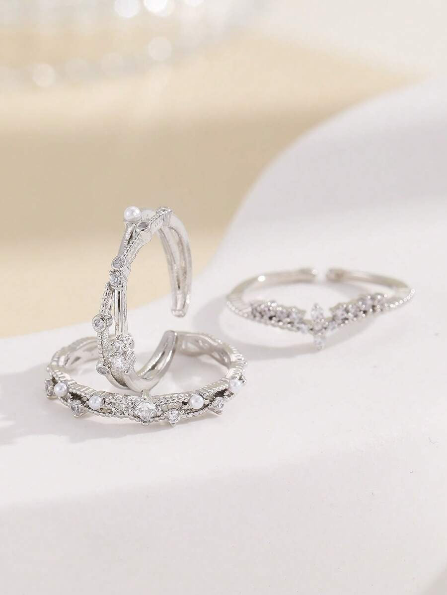 SHEIN طقم 3 خواتم فضية مزينة بحجر الراين اللامع