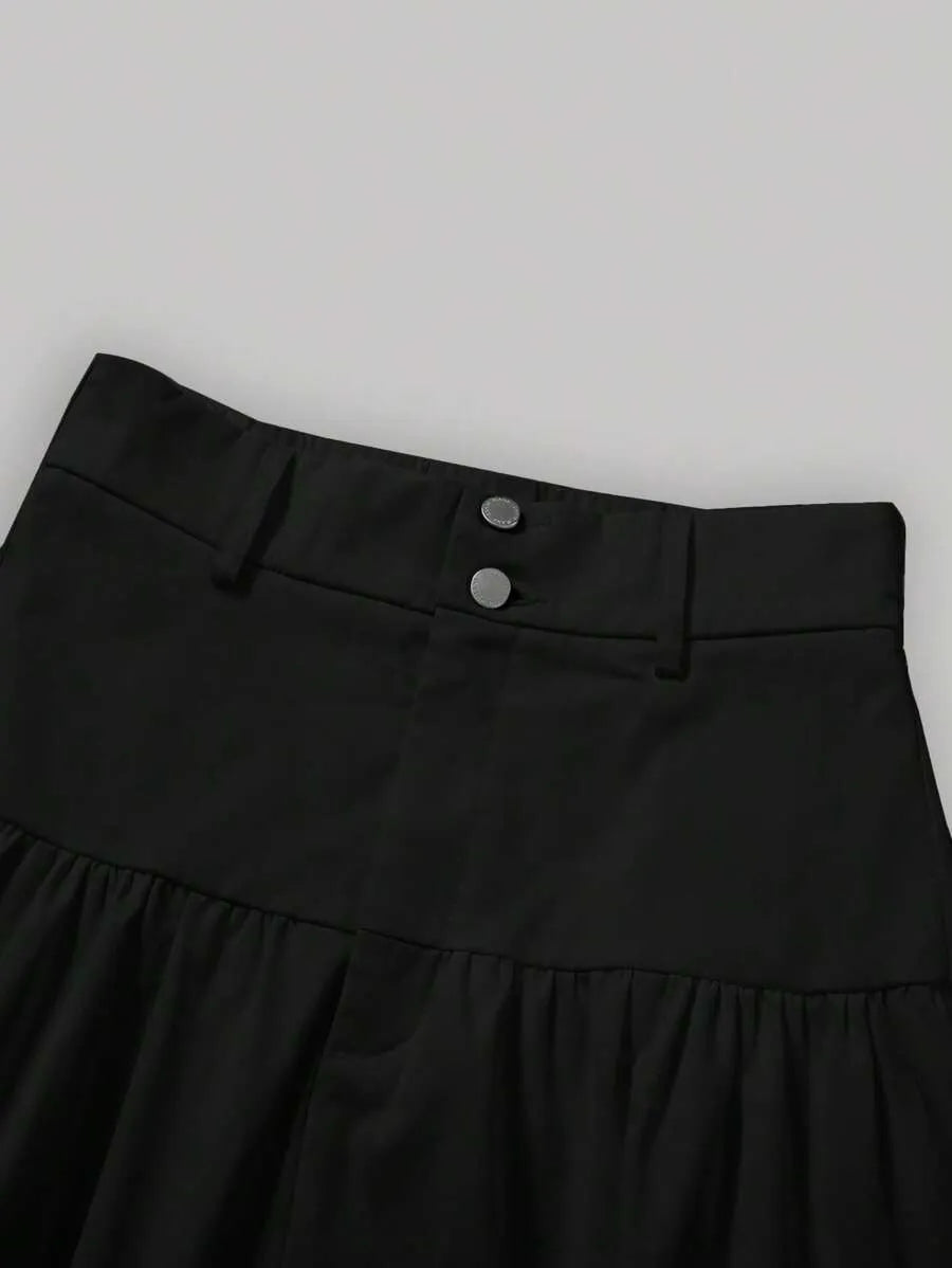 SHEIN تنورة ماكسي سوداء بحافة مكرمشة طبقات وخصر مرتفع بأزرار أمريكية