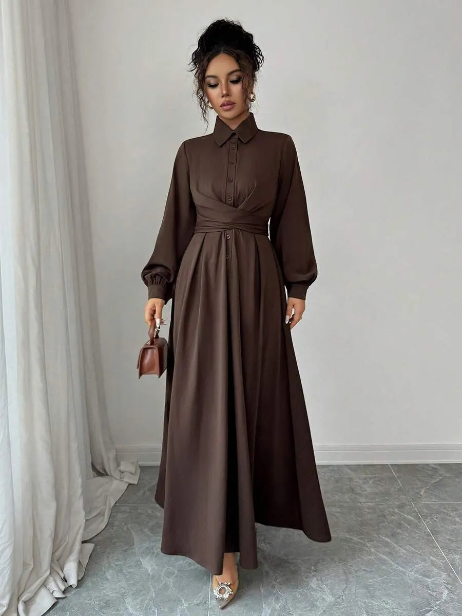 SHEIN LUNNELUX  A-Line فستان طويل بتصميم مطوي وأزرار بلون بني