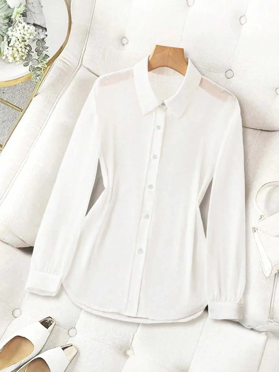 SHEIN Franclia قميص شفاف أساسي بسيط بياقة بأكمام طويلة