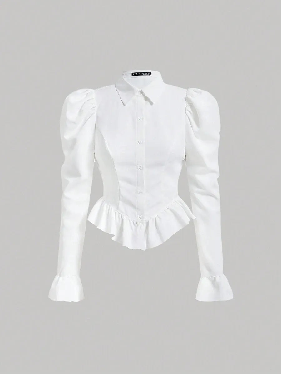 SHEIN MOD بلوزة نسائية قصيرة بأكمام طويلة منتفخة وياقة منسدلة بلون أبيض