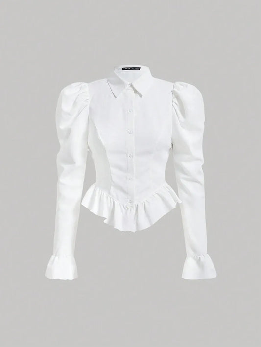 SHEIN MOD بلوزة نسائية قصيرة بأكمام طويلة منتفخة وياقة منسدلة بلون أبيض
