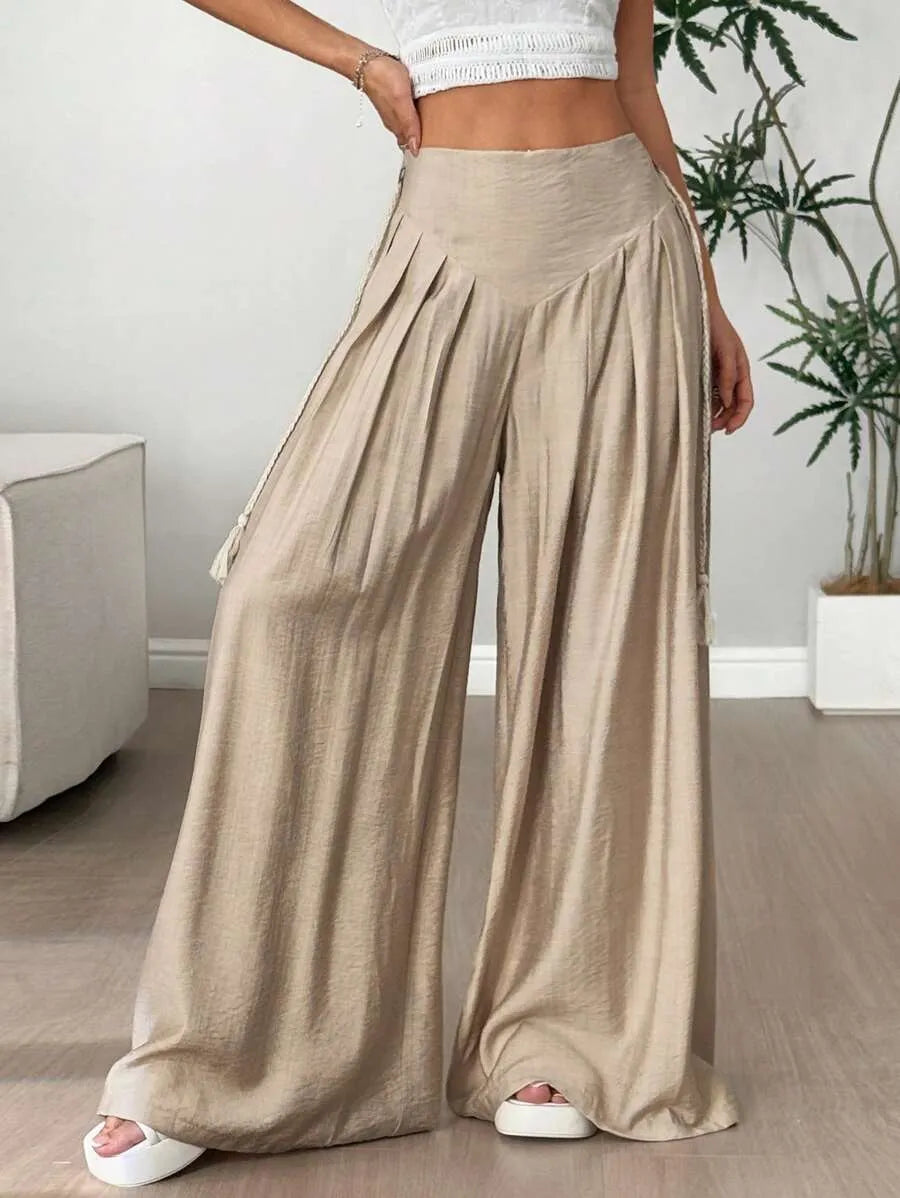 SHEIN Flirla بنطال نسائي واسع بلون كاكي بشراريب
