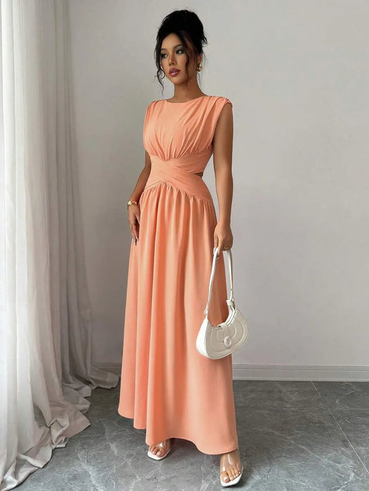 SHEIN Elenzga فستان برتقالي طويل بنمط لف وطيات خصر بدون أكمام
