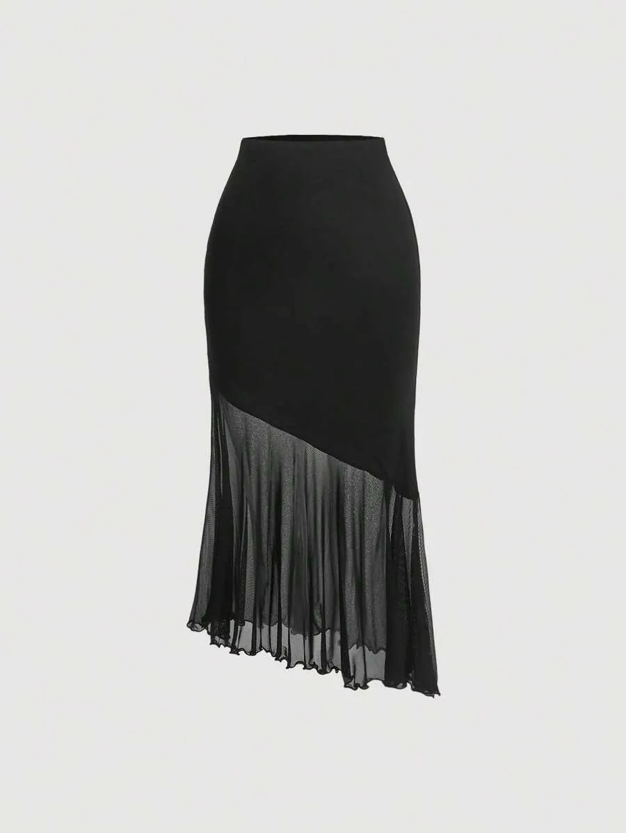 SHEIN MOD تنورة نسائية ميدي بخصر عالٍ وحافة غير متماثلة بتفاصيل شبكية بلون أسود