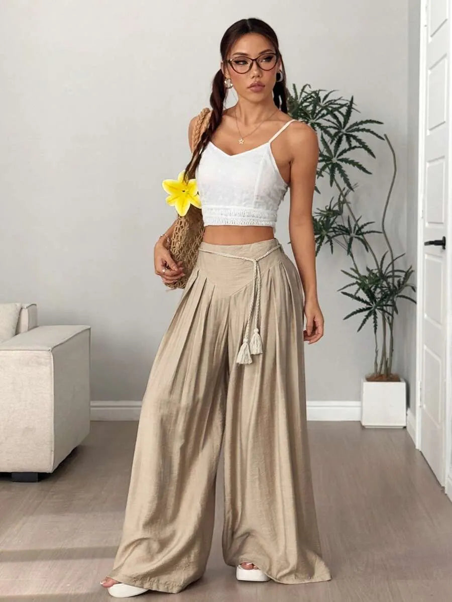 SHEIN Flirla بنطال نسائي واسع بلون كاكي بشراريب