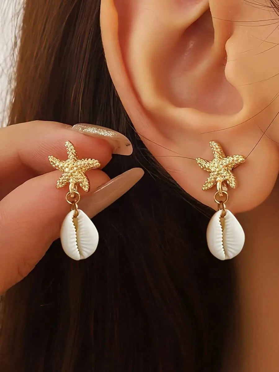 SHEIN أقراط نسائية متدلية بتصميم بحري هندسي بوهو بلون ذهبي
