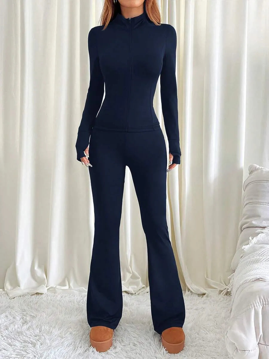 SHEIN EZwear طقم نسائي قطعتين جاكيت محبوك بسحاب وبنطال واسع بلون أزرق بحري