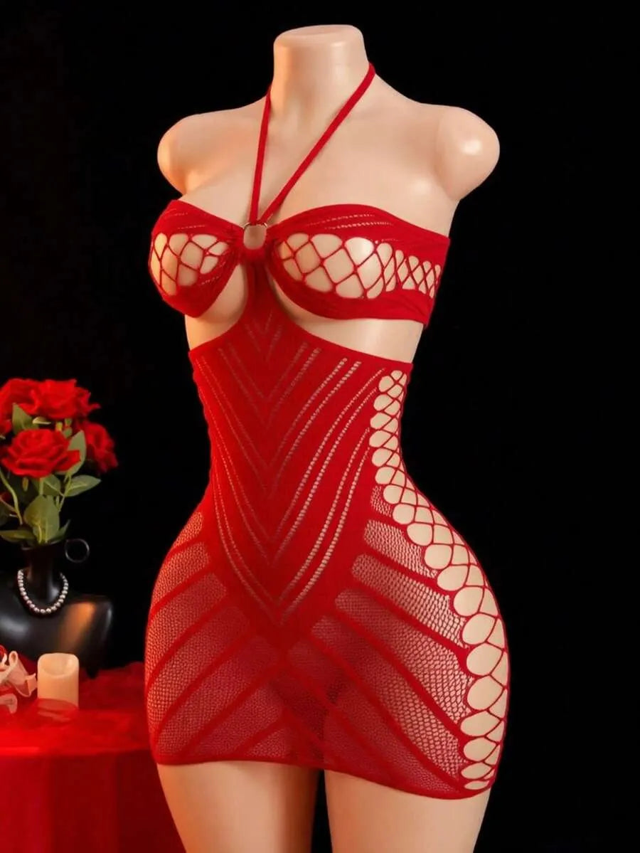 SHEIN ChaseTheNight فستان لانجري نسائي قصير شبكي مفرغ وشفاف بحمالات رفيعة بلون أحمر