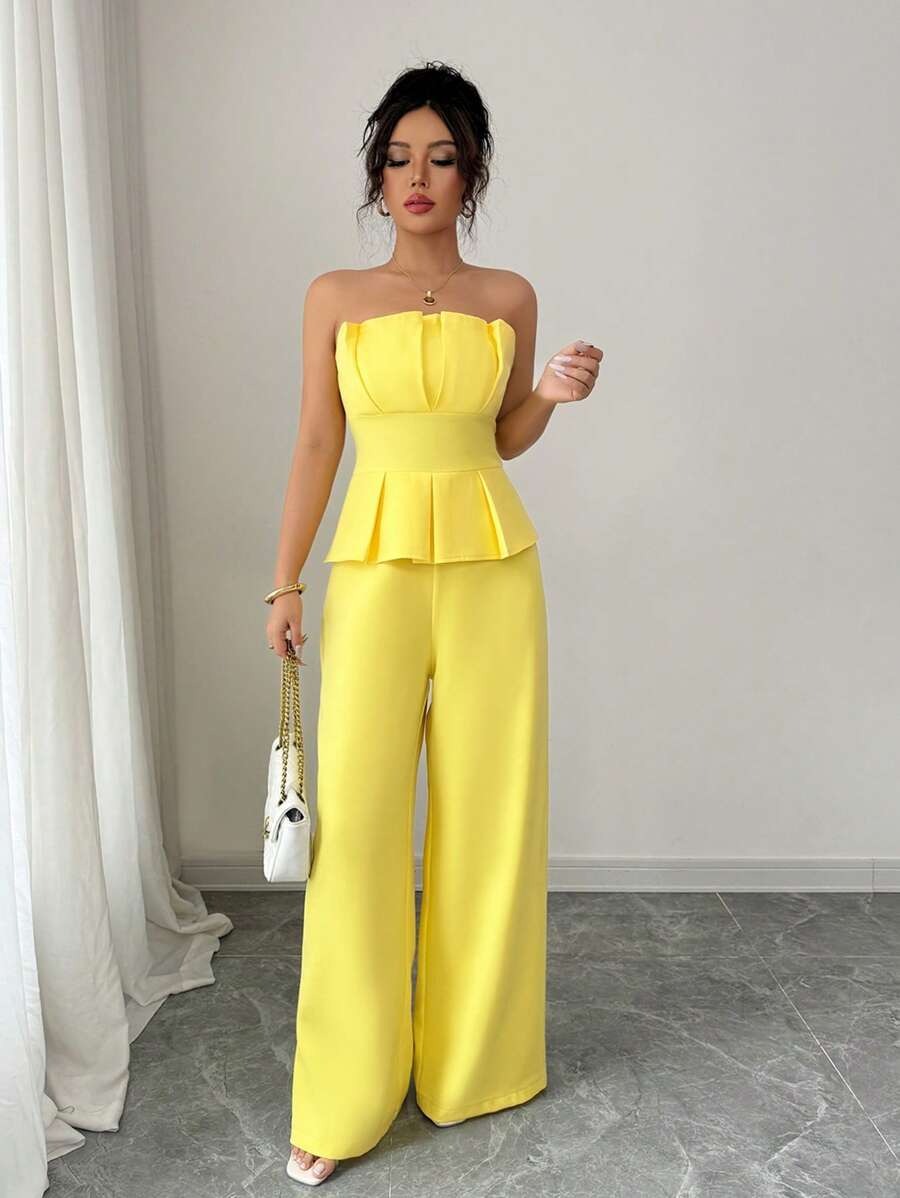 SHEIN Elenzga جمبسوت أنيق بدون أكمام بلون أصفر