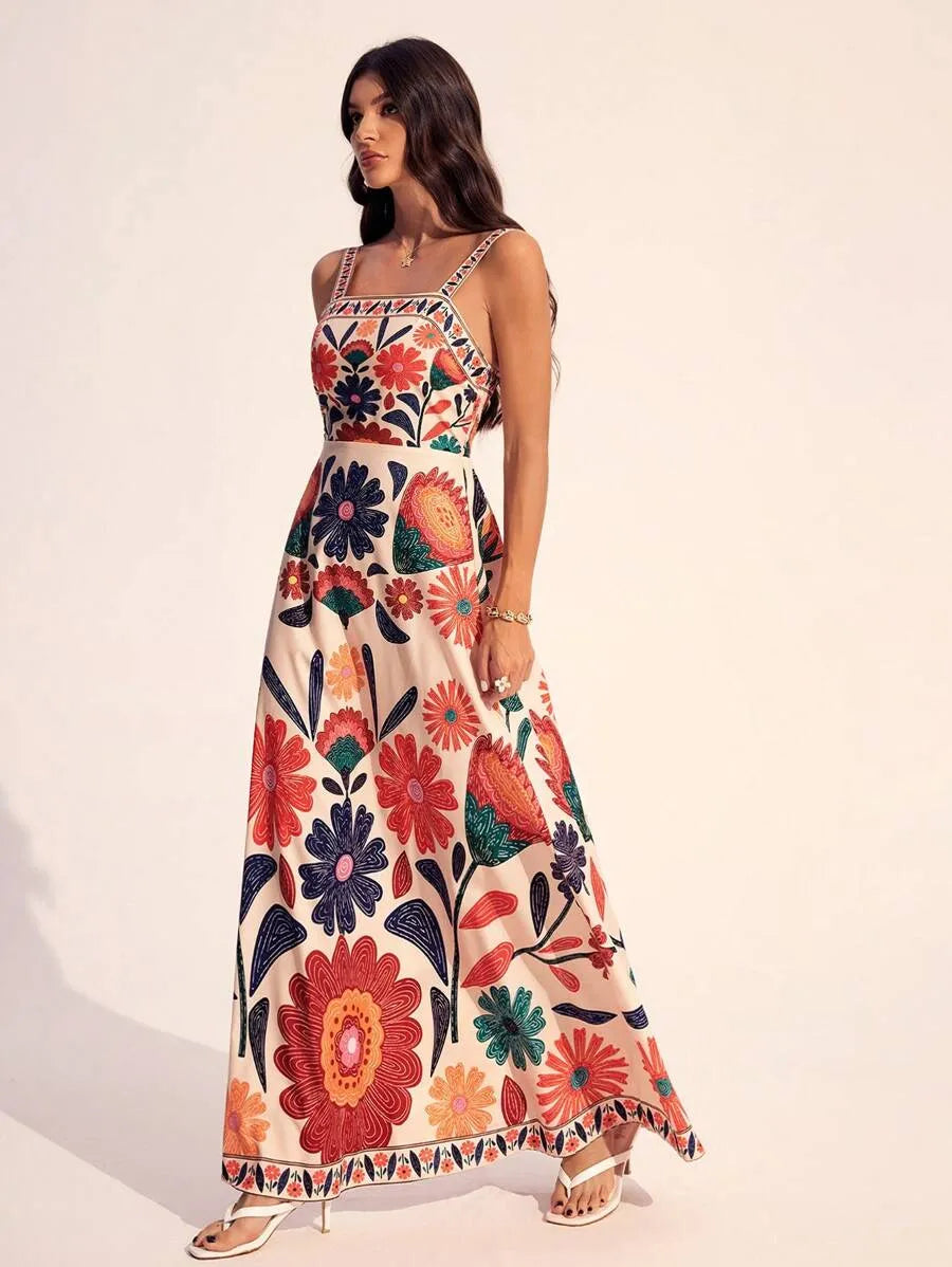SHEIN Tall فستان نسائي ماكسي بحمالات رفيعة وخصر مجمع ونقشة زهور بلون مشمشي