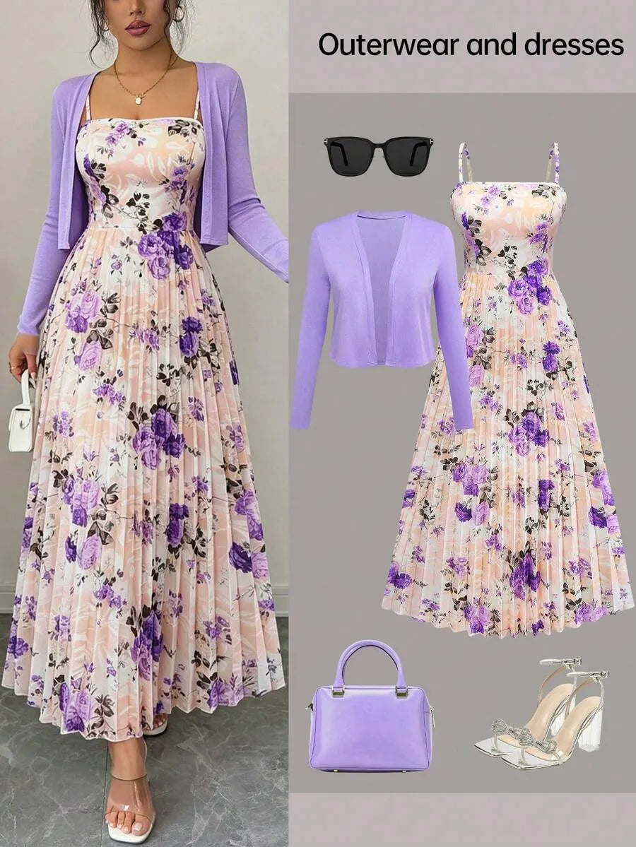 SHEIN طقم فستان بطبعة زهور مع كارديجان محبوك بلون أرجواني