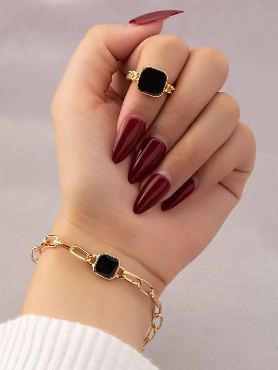 SHEIN طقم سوار وخاتم نسائي بتصميم هندسي بلون الأسود