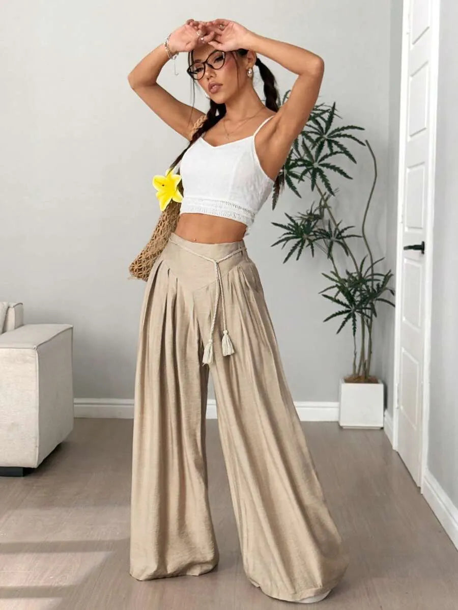 SHEIN Flirla بنطال نسائي واسع بلون كاكي بشراريب