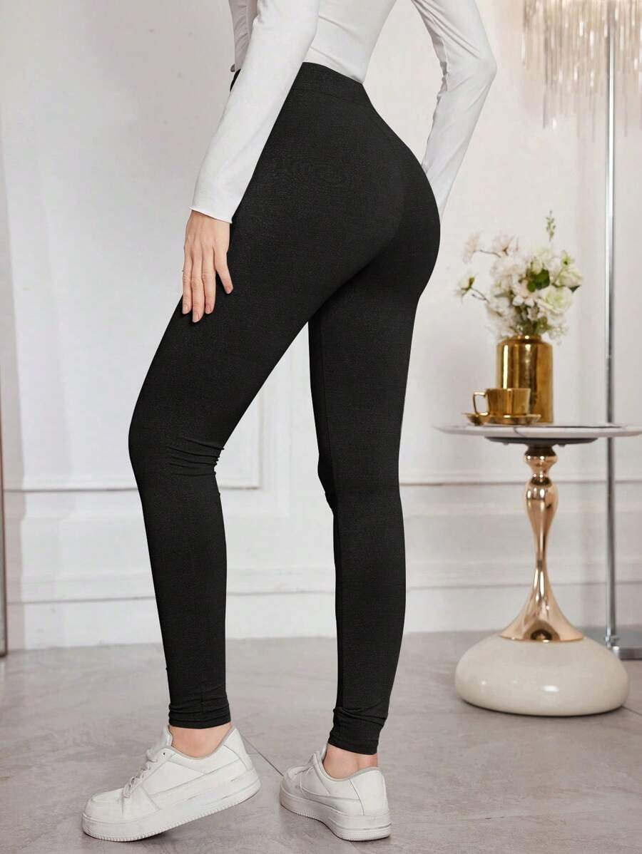 SHEIN بنطلون نسائي ضيق بطباعة حروف ورباط خصر اللون الأسود