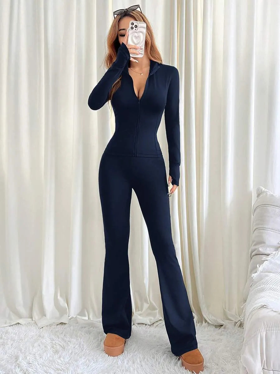 SHEIN EZwear طقم نسائي قطعتين جاكيت محبوك بسحاب وبنطال واسع بلون أزرق بحري