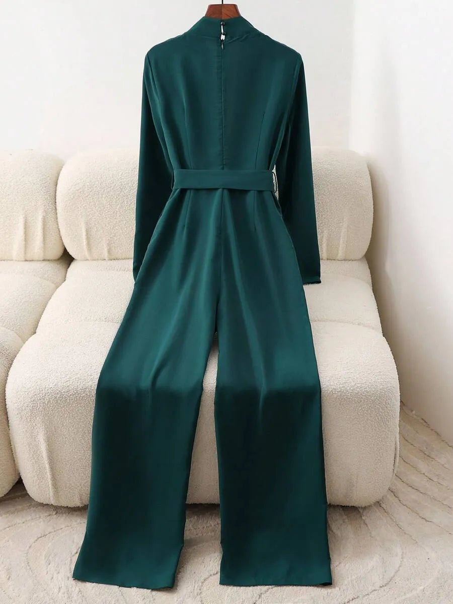SHEIN GlowEve جمبسوت نسائي بخصر عالٍ وحزام وساق واسعة بجيوب بلون أخضر داكن