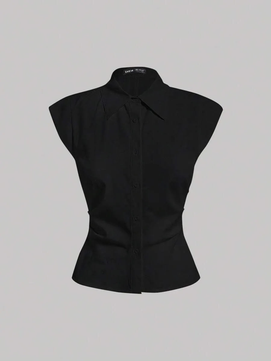 SHEIN MOD قميص نسائي ضيق بياقة وأكمام بات وينج بلون أسود